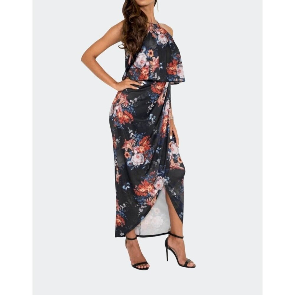 Koh Koh Womens Floral High Neck Maxi Dress Sleeveless Dark Blue Multi-Color 2XL